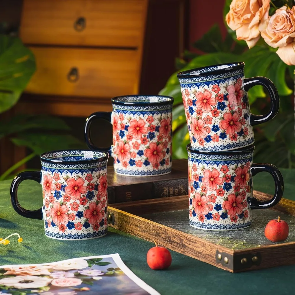 

Набор из 4 фарфоровых кружек для молока ручной росписи, 450 мл, для микроволновой печи и посудомоечной машины, с узором «Снег и сливы», современный ретро-дизайн с ручкой