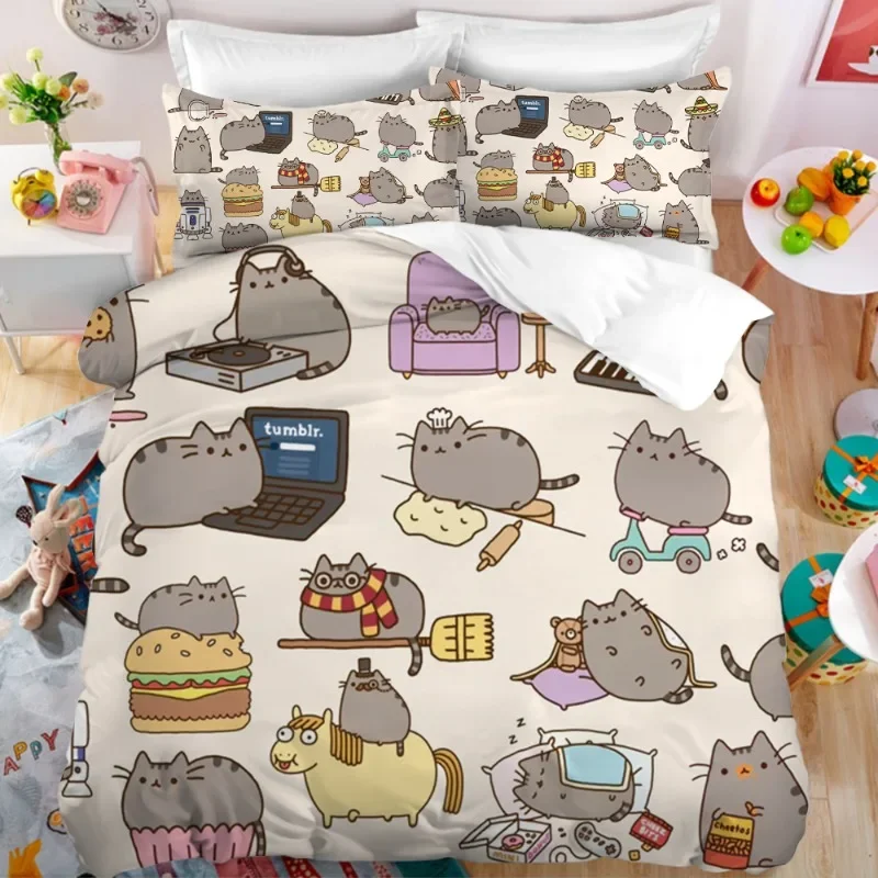 Pusheen Bedding Set Pillowcase Cute Cat Anime Bedclothes Cartoon Printed Quilt Cover Duvet Cover Boys Girls Christmas Gift