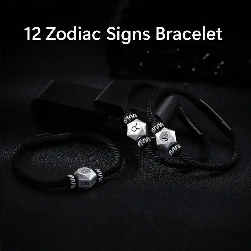 

Черная плетеная веревка ручной работы 999 пробы, серебряный браслет со знаком зодиака для мужчин и женщин, модные 12 знаков зодиака, браслеты дружбы для пары, подарок