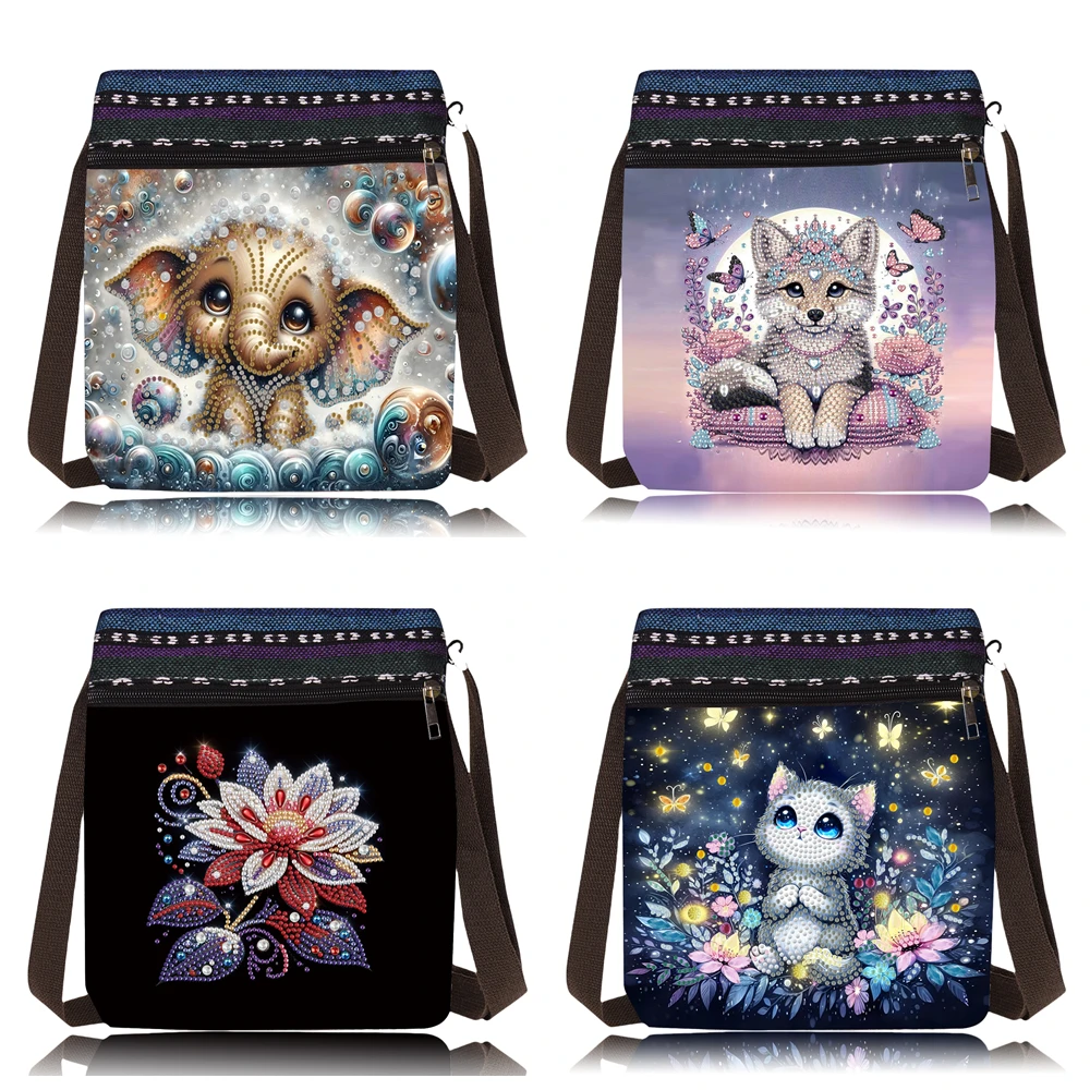1 teil/satz DIY Blumen Diamant Malerei Geldbörsen Leinwand Schulter Handtasche mit Riemen Tiere Diamant Kunst Umhängetasche für Frauen