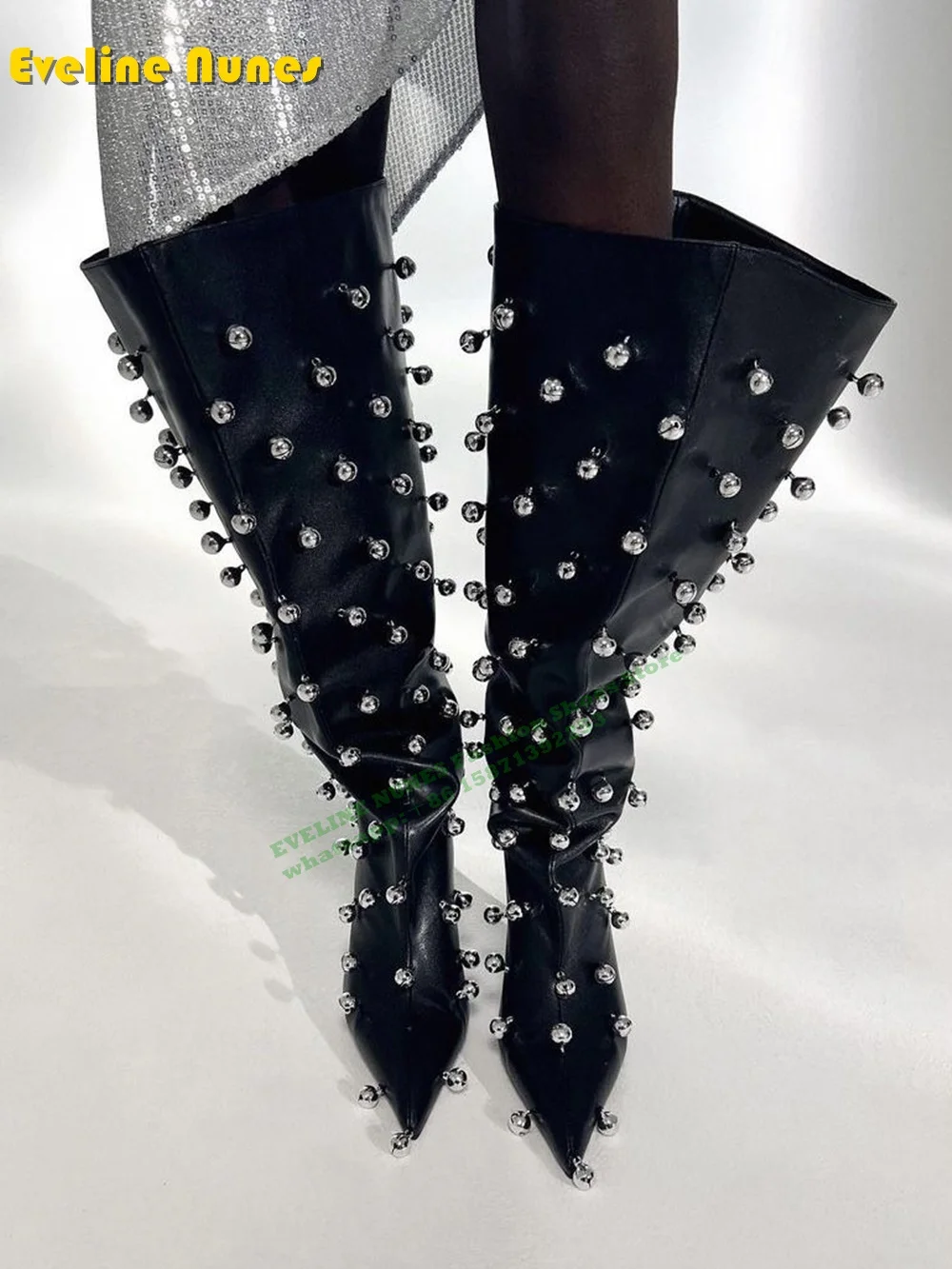 Metal Ball Ruched Knee High Boots Pointed Toe Thin Heels Patchwork Large Size Street Style Women Bubble Boots ﻿2024 Runway Show