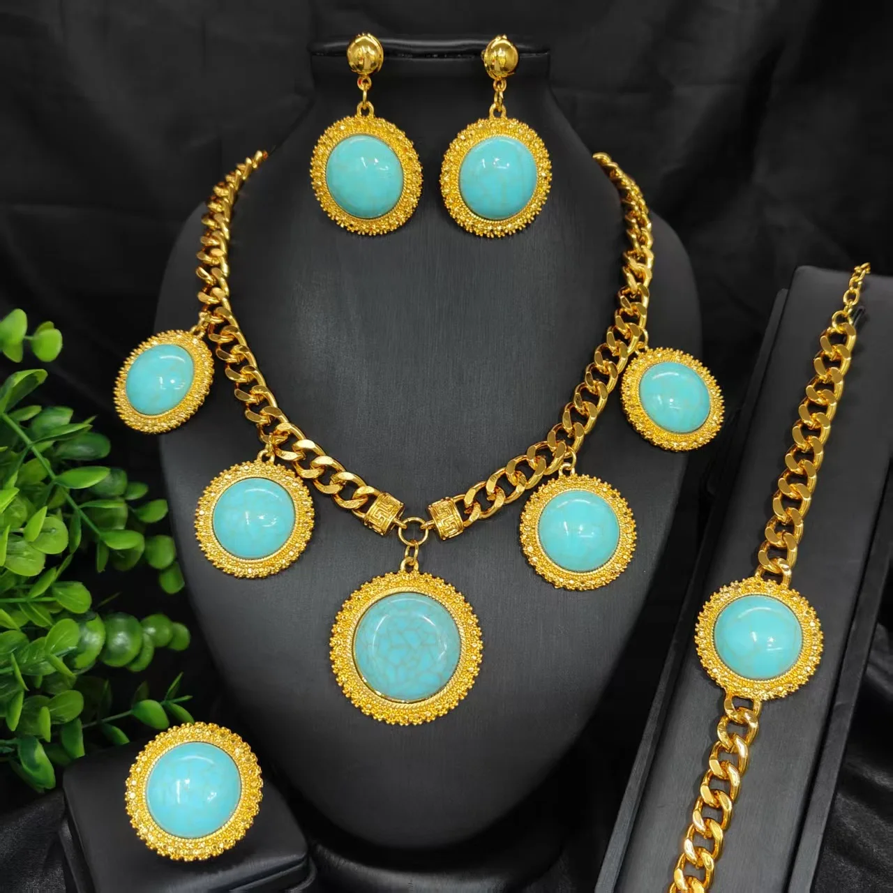 Round Necklace Earrings Ring Bracelet 4Pcs Set For Women 24K Gold AU999 elegant matching jewelry for daily outfit matching
