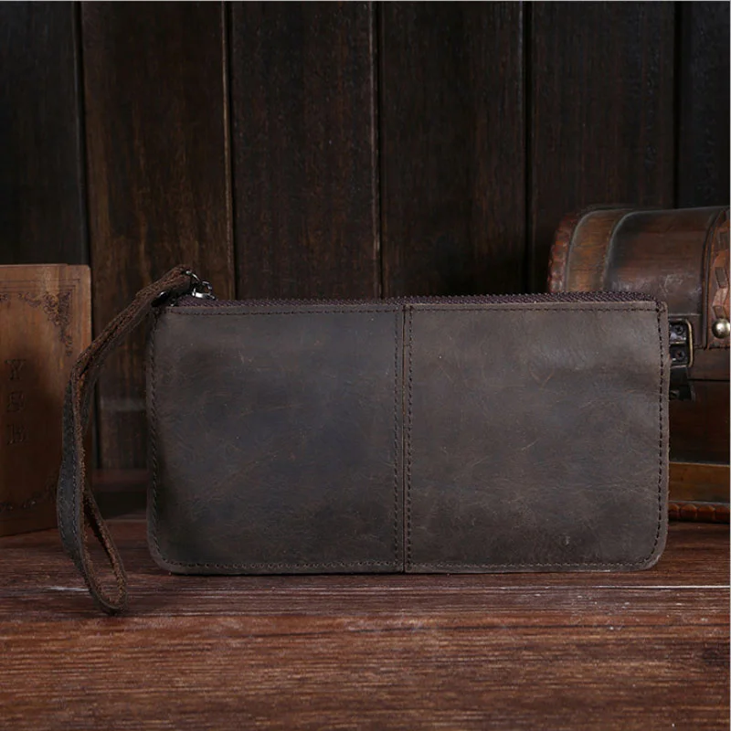 High Quality Crazy Horse Cowhide Wrist Purse Handy Pocket Male Cell Phone Case Coin Retro Genuine Leather Men Clutch Bag Wallet