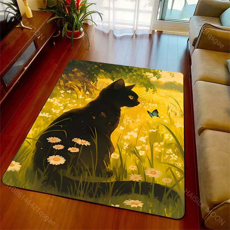 Black cat watching butterfly golden meadow Print Carpet for Living Room Bedroom Sofa Home Decor Non-slip Mat Luxury Gift