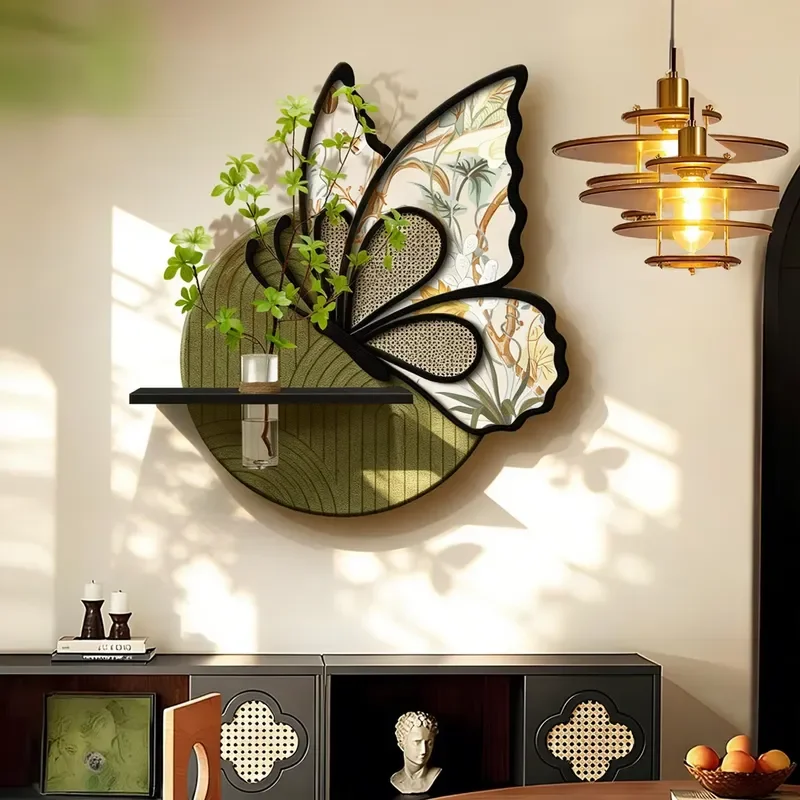 Middle Ancient Butterfly Wall Art with Glass Vase Holder Sandstone Textured Living Room Wall Hanging Decorative Painting