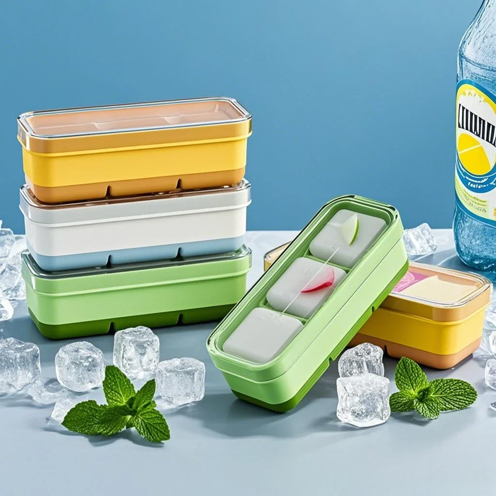 

3 Cavity Ice Mold Cube Tray with Lid Soft Bottom Food Grade Square Ices Mold Storage Box for Household Ice Cream DIY Making Tool