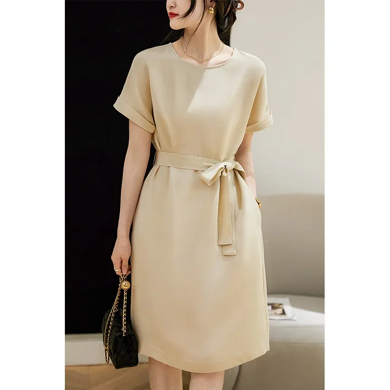 

High-end Heavy Silk Temperament Lace-up Dress Mulberry Silk Dress 2024 Women's Loose Lace Up Satin Dress Champagne Black Color