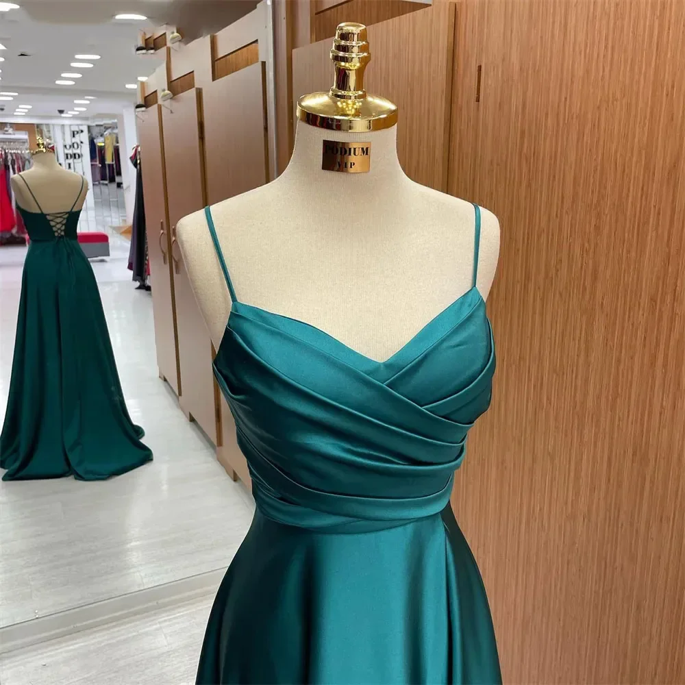 Custom Drak Green A Line Formal Dresses V Neck Pleat Party Dress For Wedding Spaghetti Strap Special Occasion Dress robe soirée