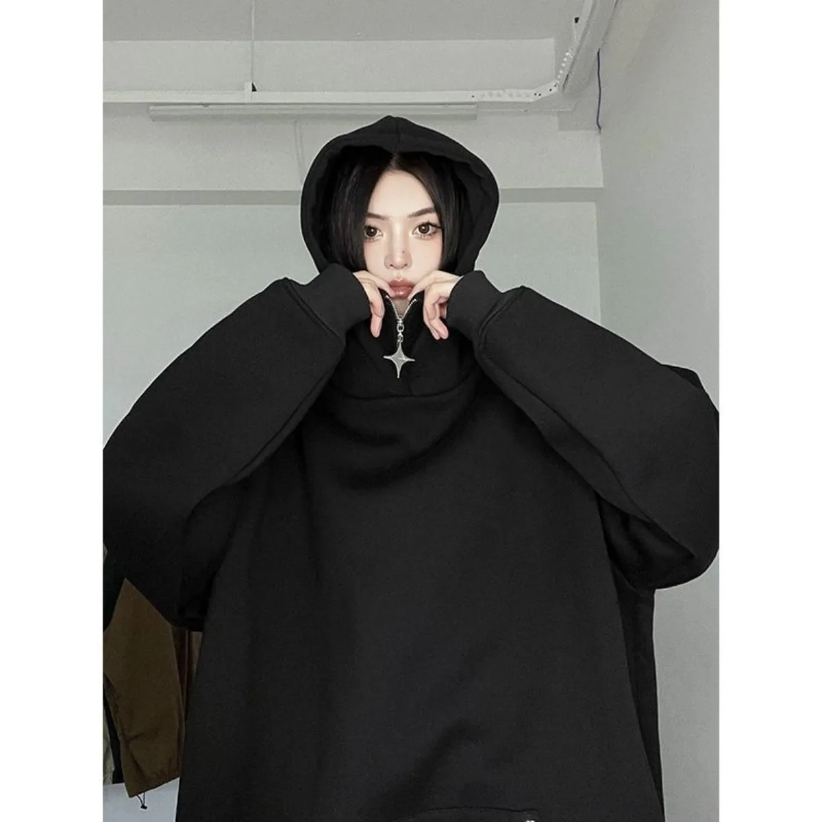 American Style New Fake Two Piece Half Zippered Hoodie for Men and Women Same Style Spring and Autumn Hooded Loose Jacket Top