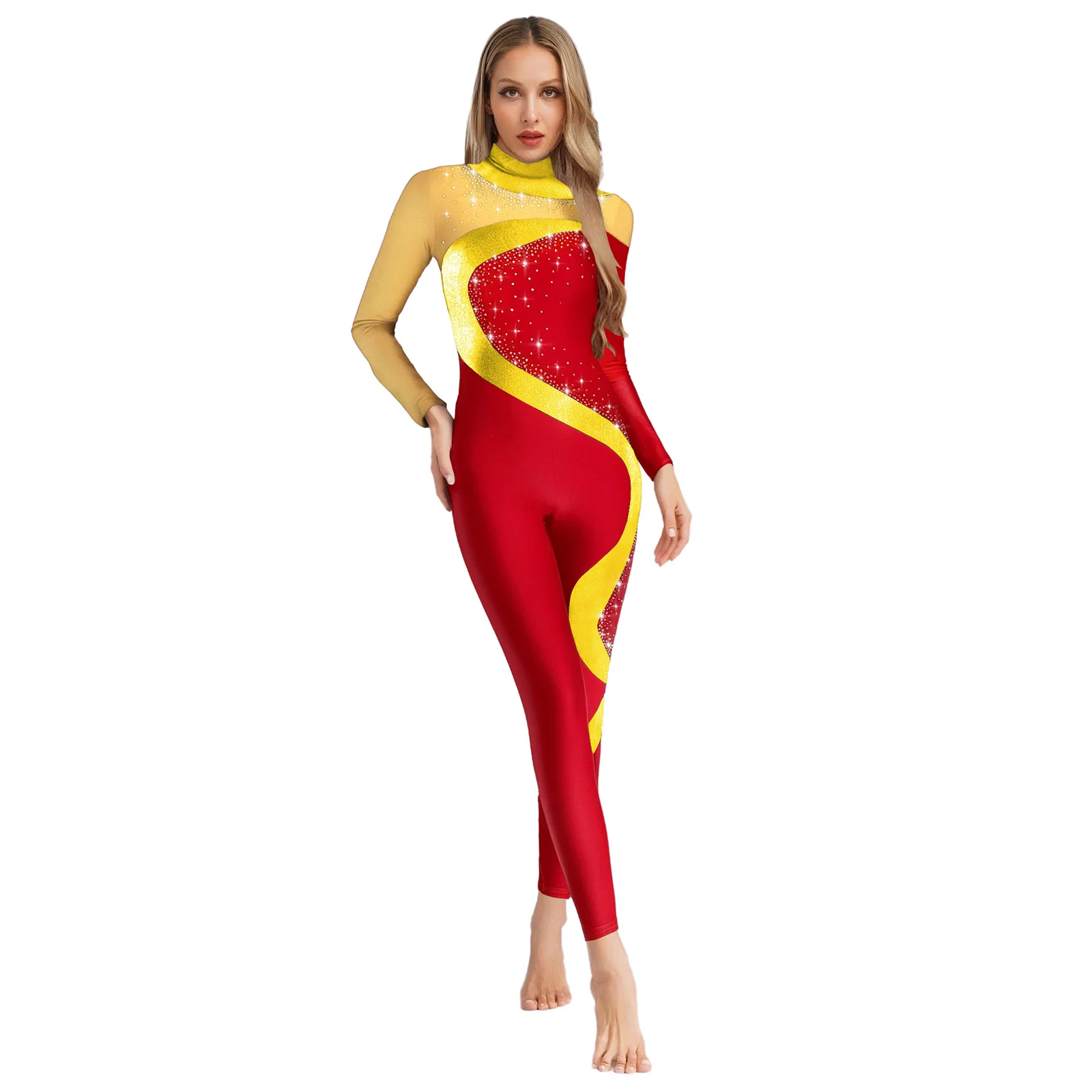 

Womens Gymnastics Jumpsuit Long Sleeve Mock Neck Back Hollow Out Shiny Sequins Bodysuit Unitard Ballet Dance Skating Rompers