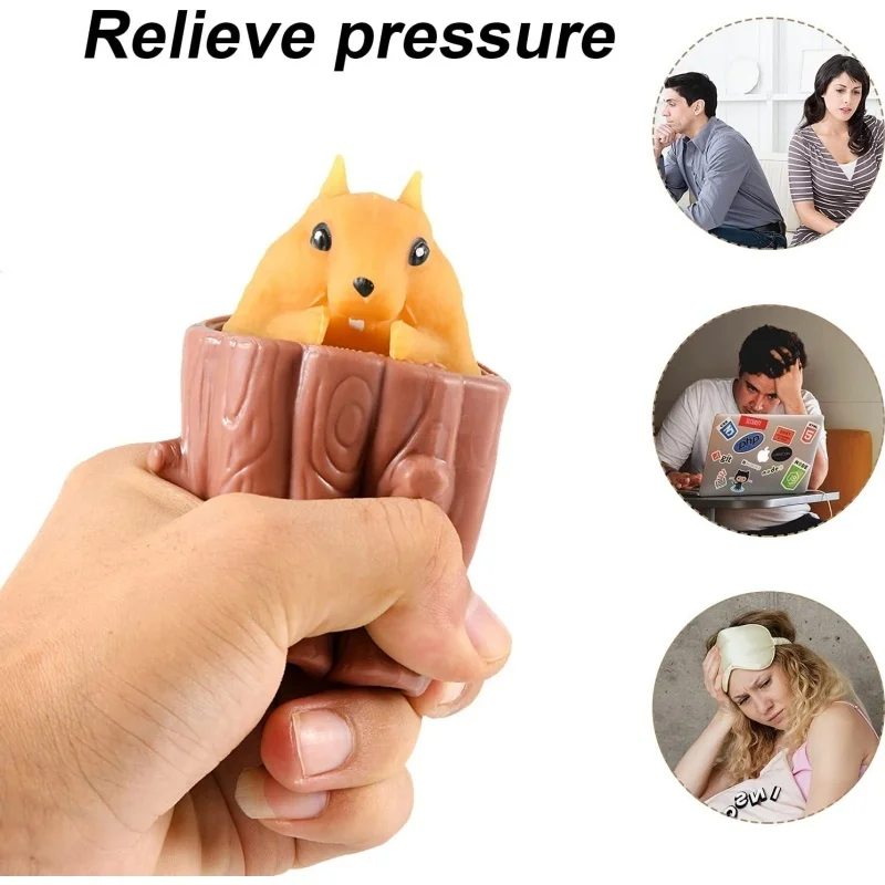 Squirrel Stress Relief Toy Stump Animal Squirrel Cup for Anxiety Relief, ADHD Squeeze Out The Surprises and Heal The Emotions