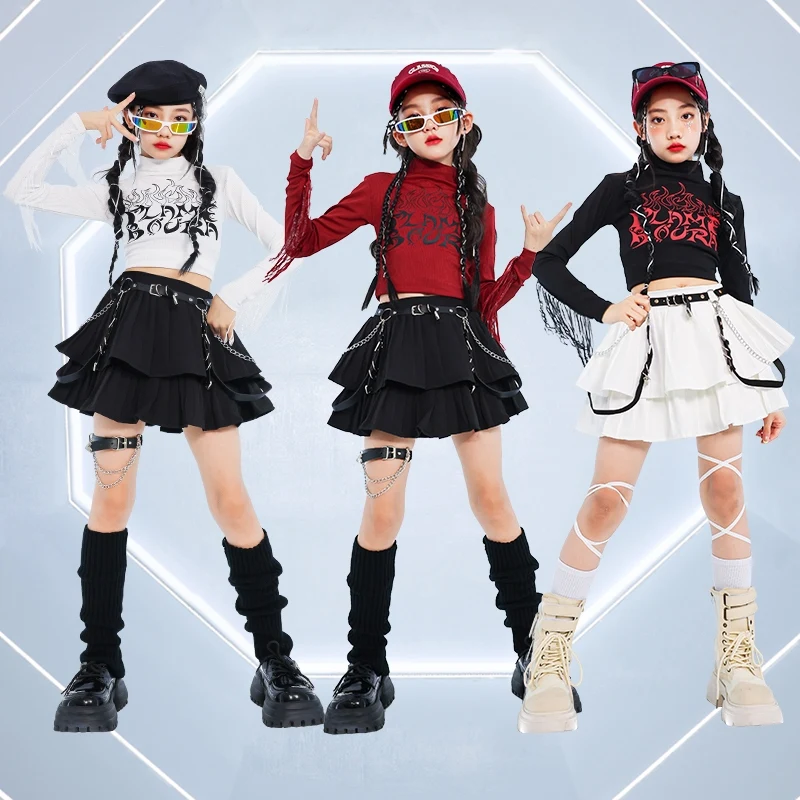 Dzieci Kpop Jazz Dance Stage Costume Girls Hip Hop Modern Dancewear Kids Fashion Jazz Clothing Crop Tops Cake Skirt Black 1104