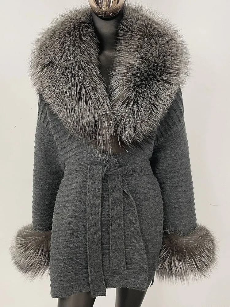 2025 nuova primavera autunno donna cintura maglieria caldo maglione di vera pelliccia di volpe cardigan lavorato a maglia oversize femminile abbigliamento femminile