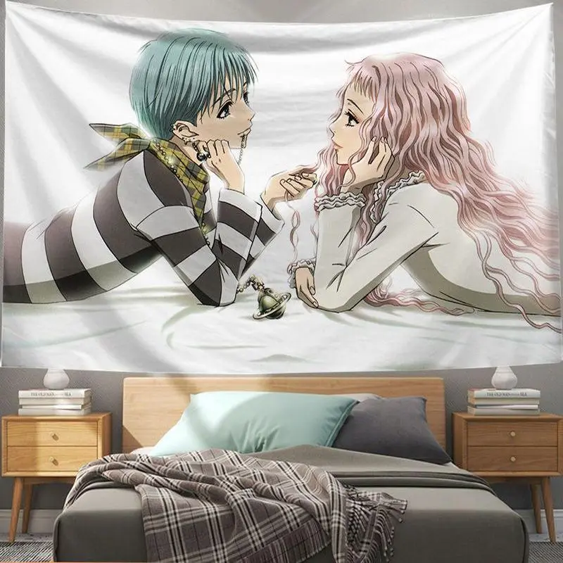 VIKAMA Anime Couple Green Pink Hair Wall Tapestry Manga Kawaii Aesthetic Home Decor Funny Humor Soft Durable Cozy Gift Washable