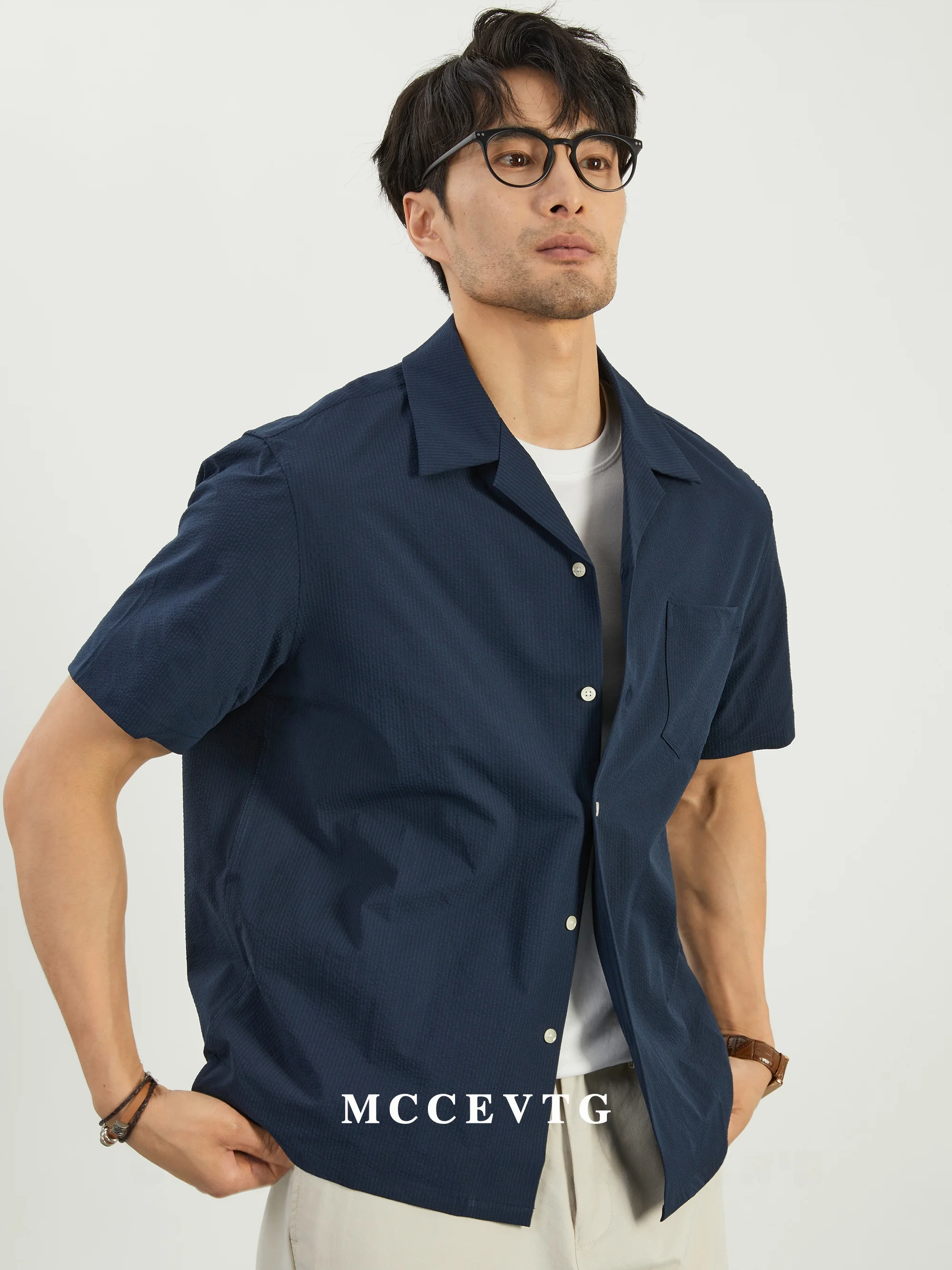 

Blue Night Men's Cuban Collar Bubble Shirt Loose Fit Elegant Fashionable Old Money Style Polyester Fiber Breathable Short Sleeve