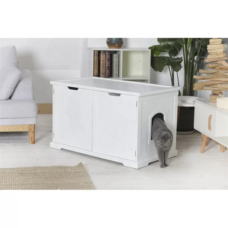 Enclosure Furniture White Wood Storage Bench Cat Litter Box Hidden Pet House