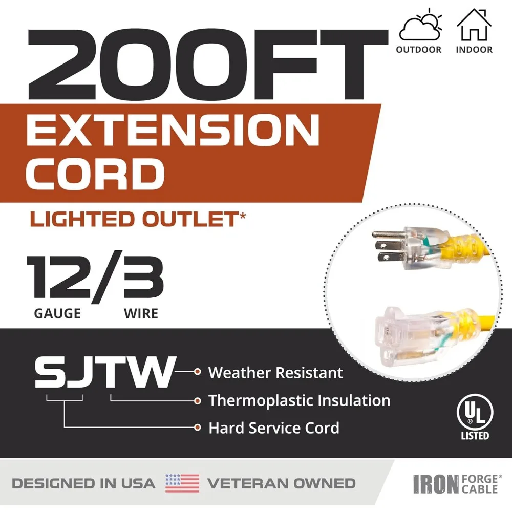 12 Gauge Extension Cord 200 ft, SJTW 15 Amp Yellow Outdoor Electrical Cable 3 Prong Grounded, Great for Major Appliances