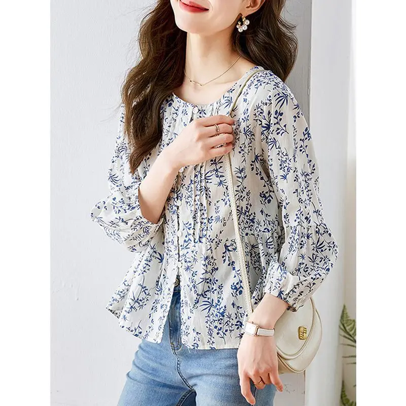 

Blue Floral Pure Cotton Shirt for Women's Three Quarter Sleeved Summer Clothing 2024 New Floral Chic Age Reducing Shirt Top