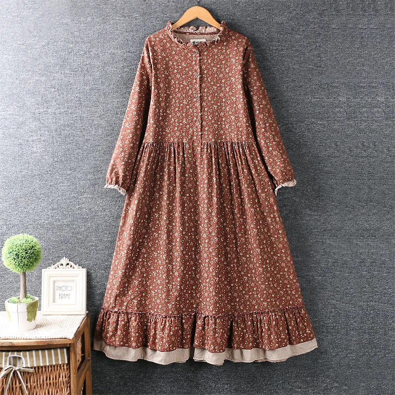 

Japanese Mori Girl Art Print Dress Pretty Cotton Linen Spring Women New Floral Dress Loose Long-sleeved Dress Midi Dress