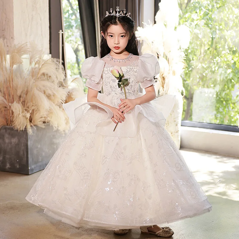 Sequins Girls Dress for Party Wedding White Long Sleeve Dress Formal Children Retro Princess Pageant Gown Kids Dresses for Girls