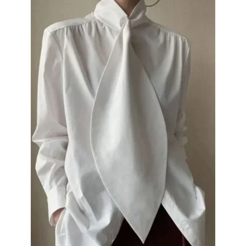 Freeacy Urban Women's Elegant Solid Color Blouse High Neck Long Sleeves Loose Fit Shirt Top Office Ladies Simple Work Shirts image 6