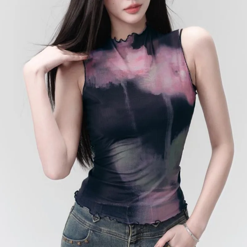 Thin Camisoles Tanks for Women All-match Fashion Retro Tie Dye Ins Skinny Sexy Streetwear Hot Girls Summer Tops Mesh Breathable