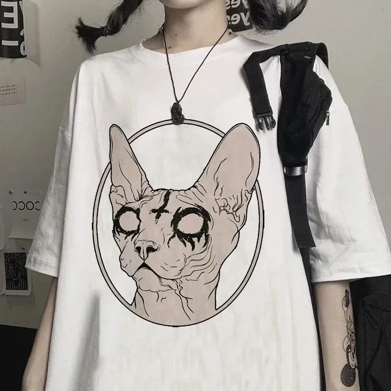 T-Shirt Cotton Women Death Metal Sphynx Cat Metal Harajuku  Female Summer Hipster Tops  Graphic Gothic Tops