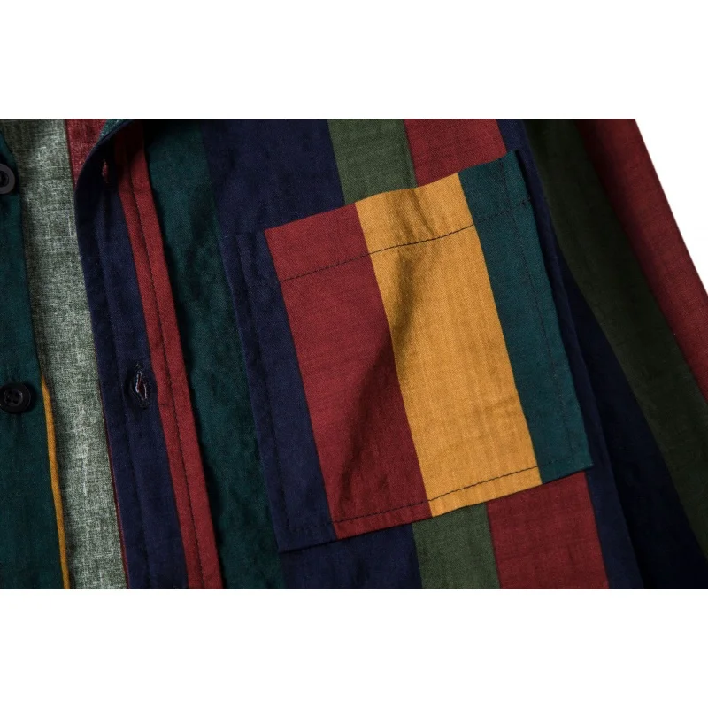 SZYL-Striped Shirt for Men, Cotton and Linen Ribbon, Long Sleeves, Breathable, Contrast Color, Autumn and Winter, New