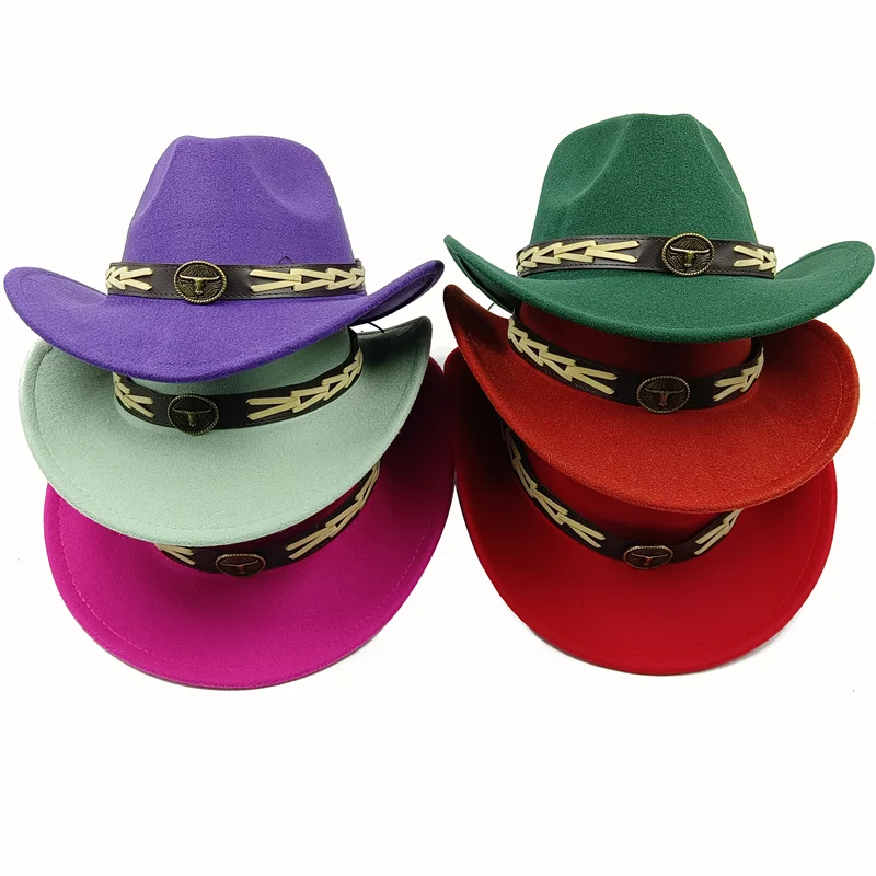 Dark green cowboy hat New cow head accessories cowboy hat Dark purple felt hat Men and women outdoor new color hat Knight hat