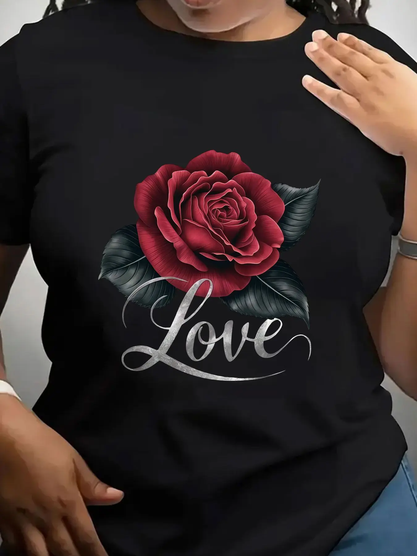 Women's Trendy Crew Neck T-Shirt Red Rose Love Script Print Suitable for Casual Sportswear
