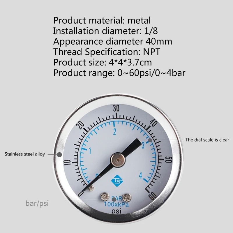 Mini Pressure Gauge 0-60psi 0-4bar Dual Mount 1 Thread Pressure Gauge for Fuel Air Oil Water