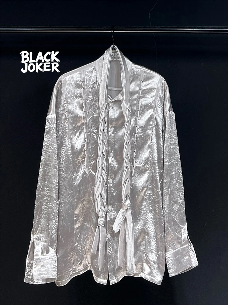 BLACK JOKER Original design new silver pleated texture long sleeve shirt Unisex casual shirt