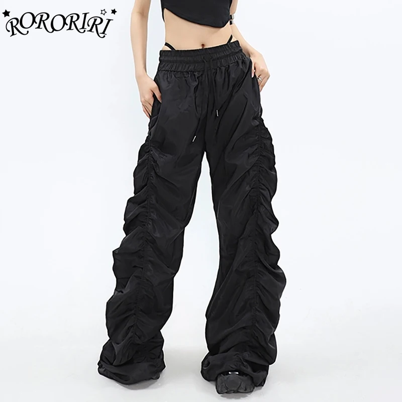 

RORORIRI женские быстросохнущие повседневные широкие брюки на шнурке, черные однотонные свободные спортивные штаны с эластичной резинкой на талии и рюшами, винтажная одежда