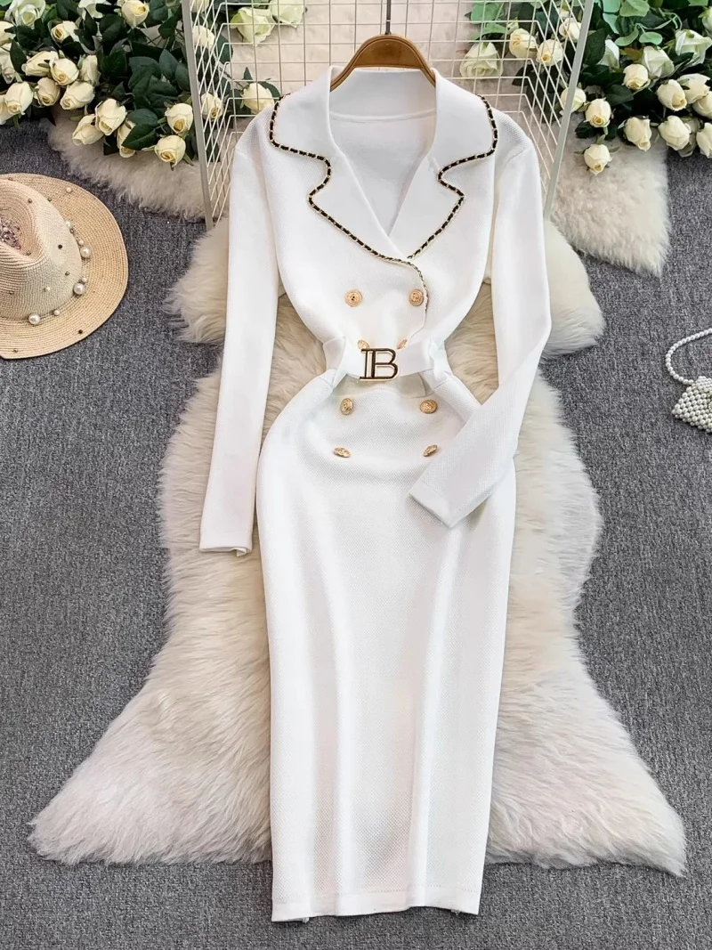 

Французский костюм с воротником, платье для женщин, осень и зима, модное утягивающее вязаное длинное вечернее платье с металлической пряжкой, элегантное w1303