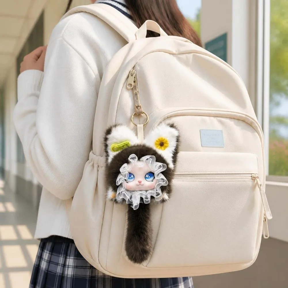 Cartoon Long Tail Plush Cat Keychain Lace Border Hanging Charm Cat Plush Kawaii Ornaments Bag Decoration Pendant