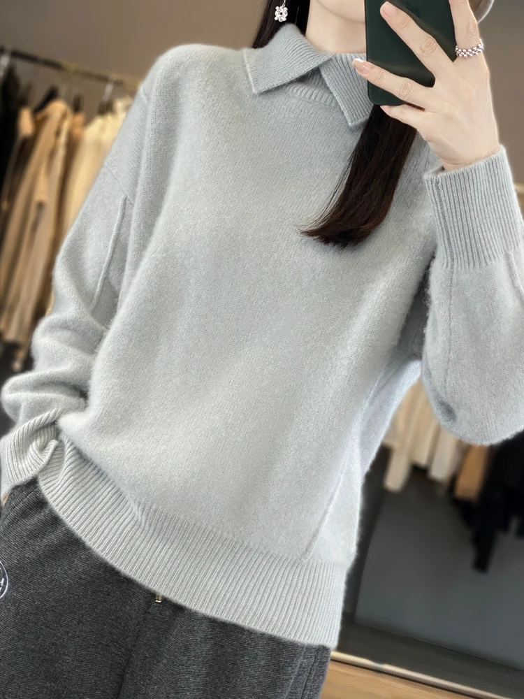 Women100% Merino Wool Sweater Slit Turn Down Collar Pullover Office Lady Long Sleeve Knitwear For Autumn Winter Korean Popular