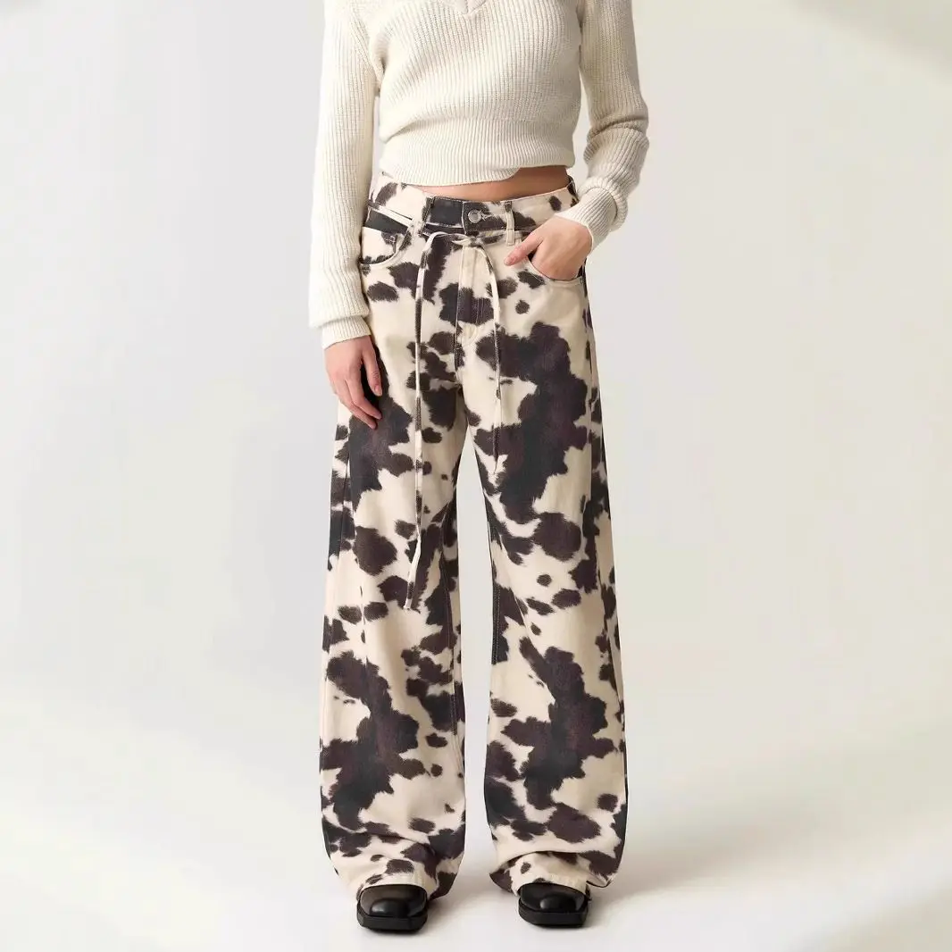 Retro Cow Pattern Distressed Washed Vintage Loose Fit Jeans