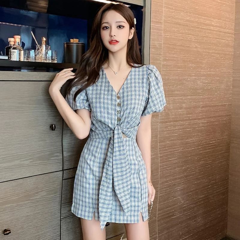 

2026 Hot Sale Women Summer Clothing V Neck Plaid Top with Slit Midi Skirt Soft Fabric Daily Wear Set
