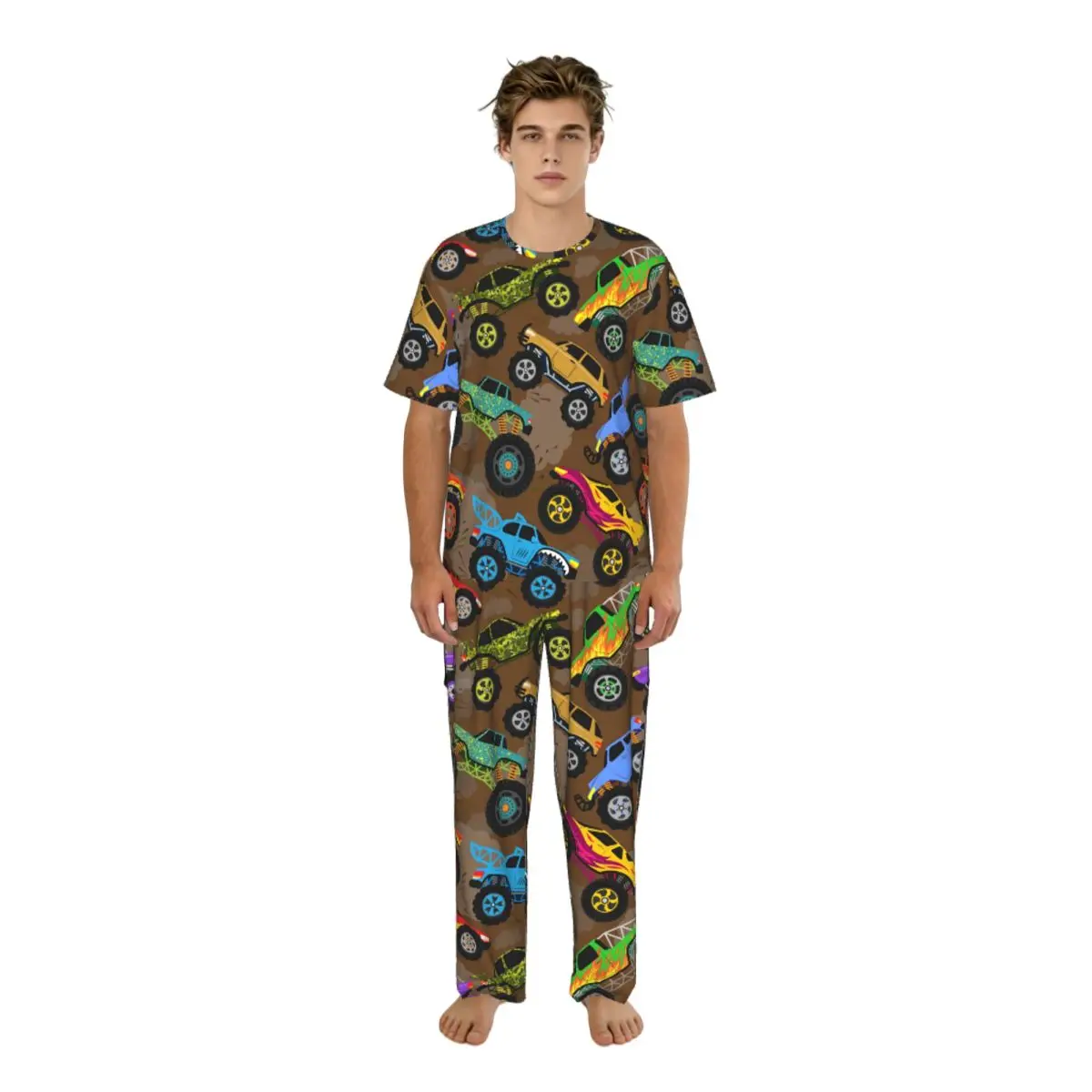 

Мужской пижамный костюм с короткими рукавами и длинными брюками, пижама с рисунком монстера-грузовика, летний комплект домашней одежды