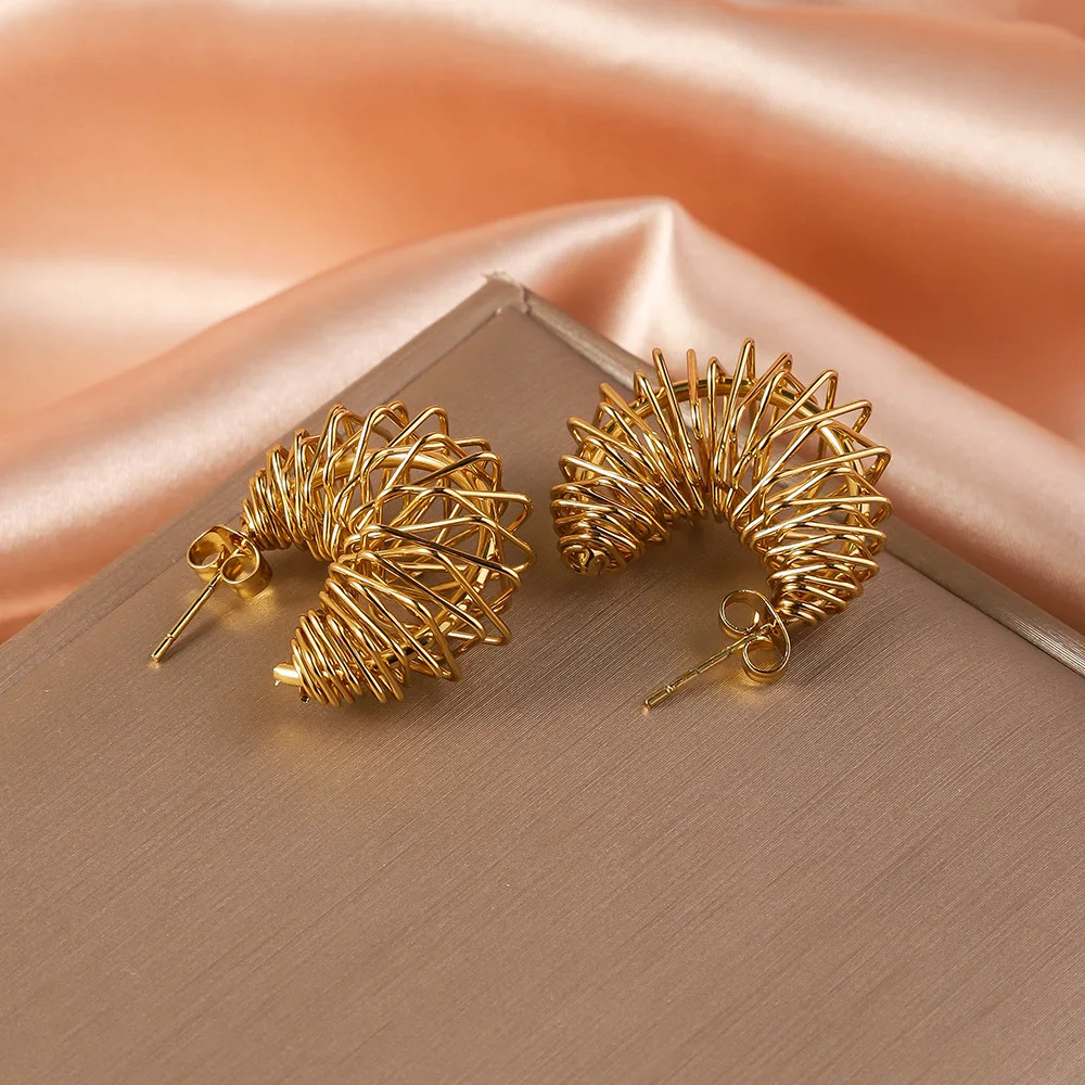 Light Luxury Steel Wire Wrapped Stainless Steel Stud Earrings, Non Fading Women's Gold Color Metal Earrings Accessories