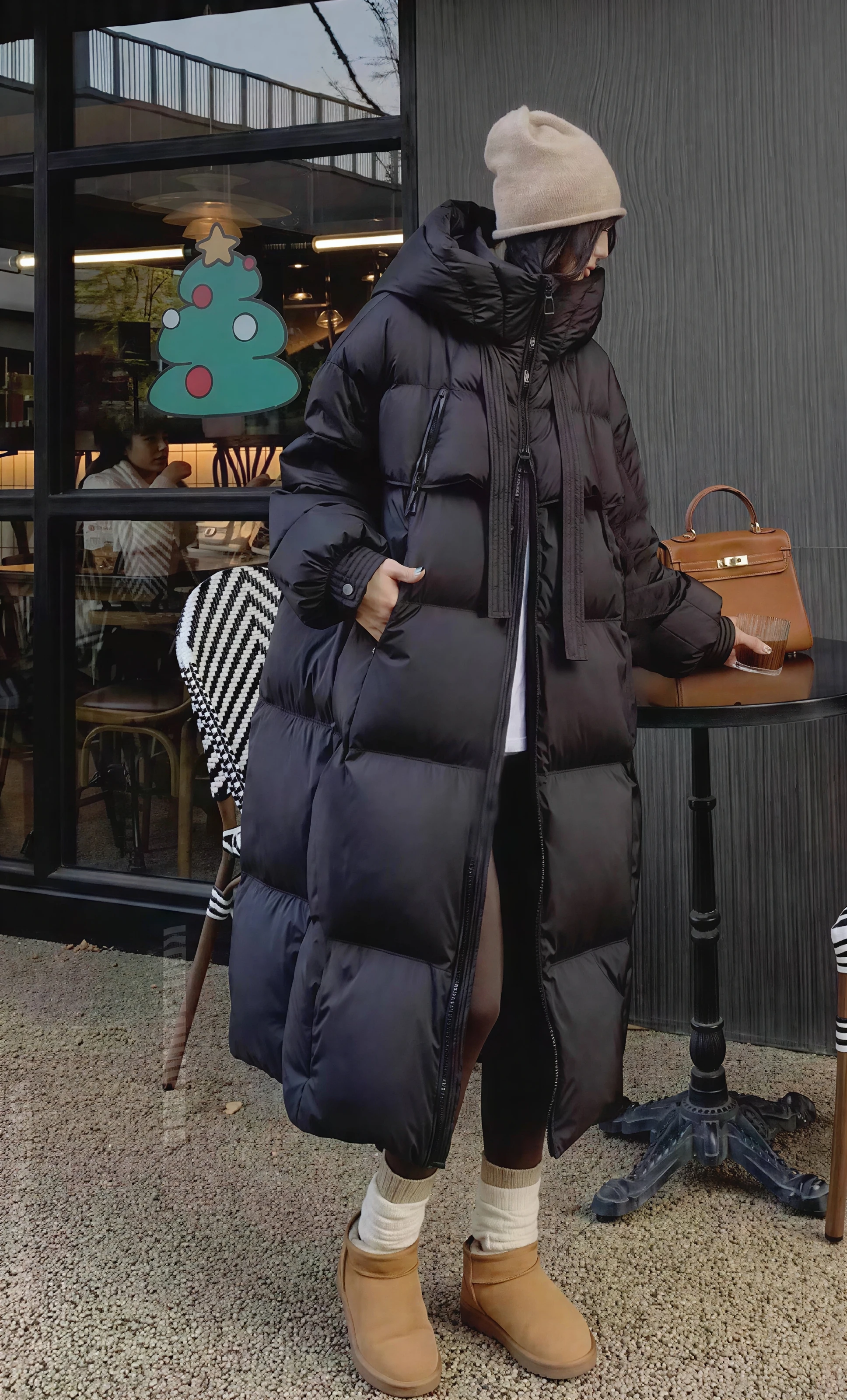 

Parkas Womens Informales Fall-Winter Goose Downfilled Standneck Elastic Waist-Cinching Snap-Button Wide-Waisted Overcoats Grid