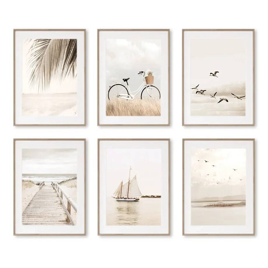 Bike Reed Girl Boat Beach Beige Landscape Nordic Wall  Canvas Painting Posters Prints Nature Pictures Living Room Home Decor