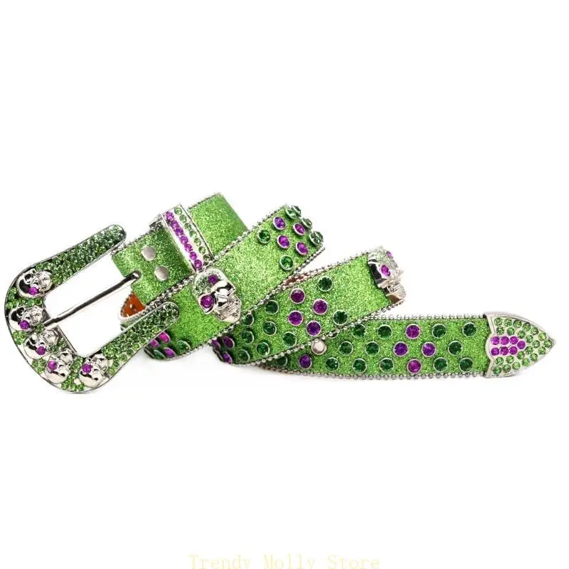 

N5KB Girl Diamond Skull Buckle Waist Belt Western PU Belt for Dress Jeans Adjustable