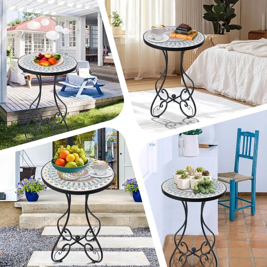 Mosaic Outdoor Side Table, Round Rustproof Patio Tables with 14 Ceramic Tile Top, Indoor Porch Accent Table for Yard, Garden, Li