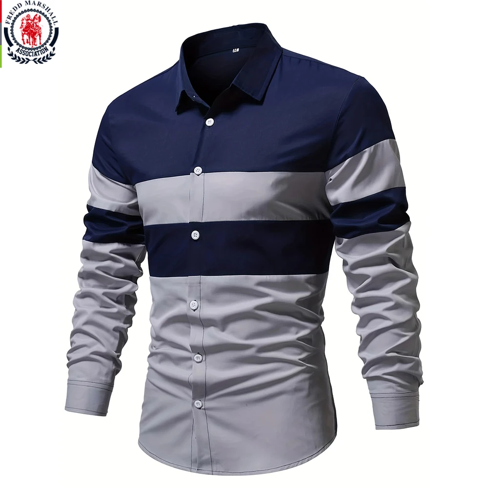 Fredd Marshall 2023 New Fashion Long Sleeve Striped Shirt Men Casual Business Button Down Colorblock Shirts Male Clothing 2010