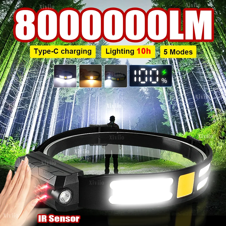800000LM كشافات خفيفة قوية قابلة للشحن محس حركة المصباح المحمولة الصيد التخييم في الهواء الطلق رئيس الشعلة العمل مصباح يدوي