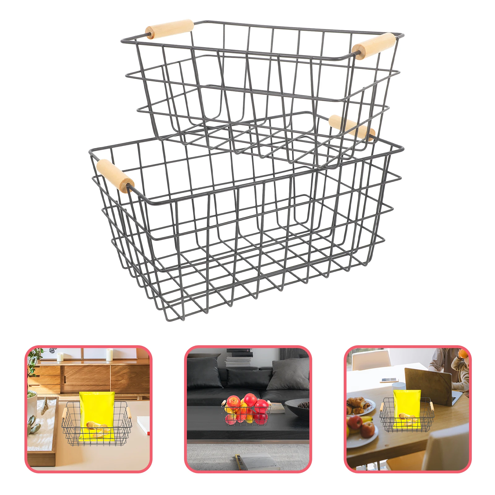 

2pcs Desktop Storage Basket Iron Material Large Capacity Household Organizer Box For Books Snacks Random Color