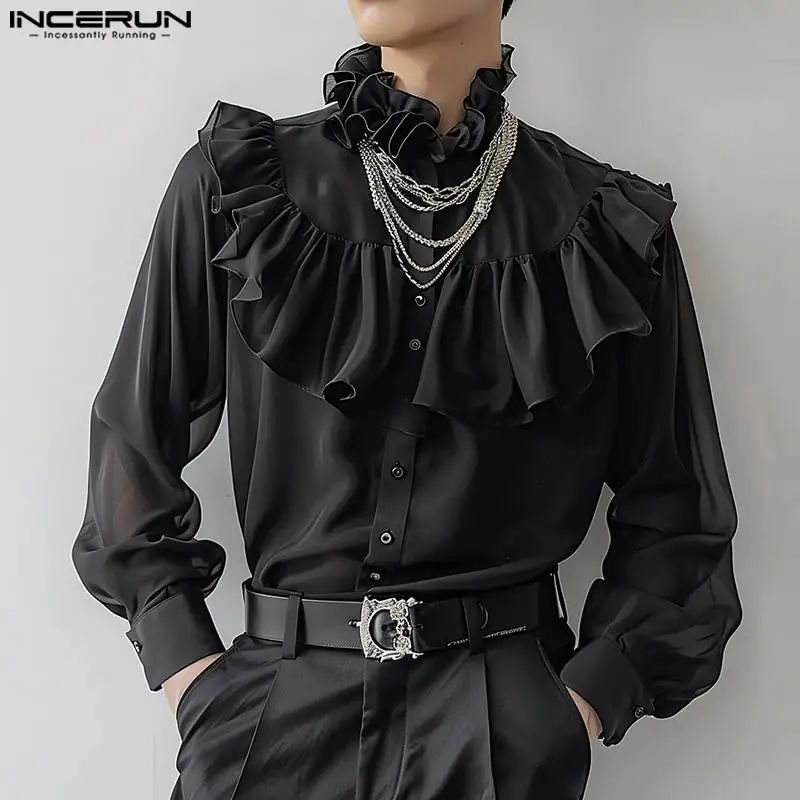 INCERUN Men's Shirts Solid Color Stand Collar Long Sleeve Button Casual Men Clothing Ruffle Streetwear 2024 Fashion Male Shirts