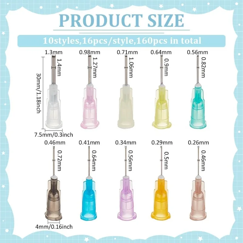 160PCS 0.5 pollici 10 calibro diverso punta smussata bottiglia di colla aghi erogazione ago con blocco esca per ricaricare inchiostri e-liquidi