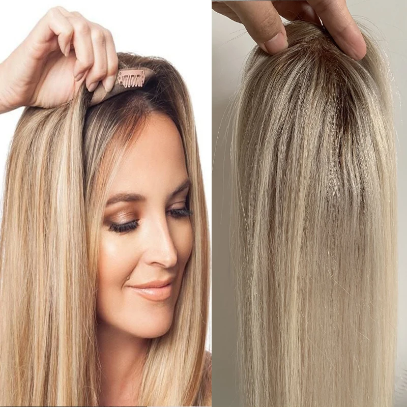 Peluca de cabello humano virgen para mujer, pelo de bebé Natural con cierre de Base Mono, color rubio degradado, tupé de silicona #613